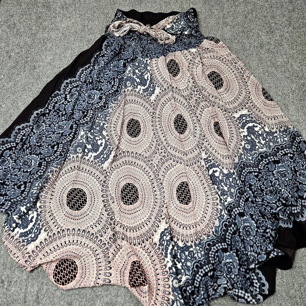 Boho Midi Skirt Size 23 Blue Pink Mandala Handkerchief Flowy‎ Festival Geometric